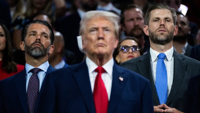 WASHINGTON - JULY 15: Former President Donald Trump, the Republican presidential nominee, is pictured with his sons Don Jr., left, and Eric, in the Fiserv Forum on the first day of Republican National Convention in Milwaukee, Wis., on Monday, July 15, 2024. (Tom Williams/CQ-Roll Call, Inc via Getty Images)