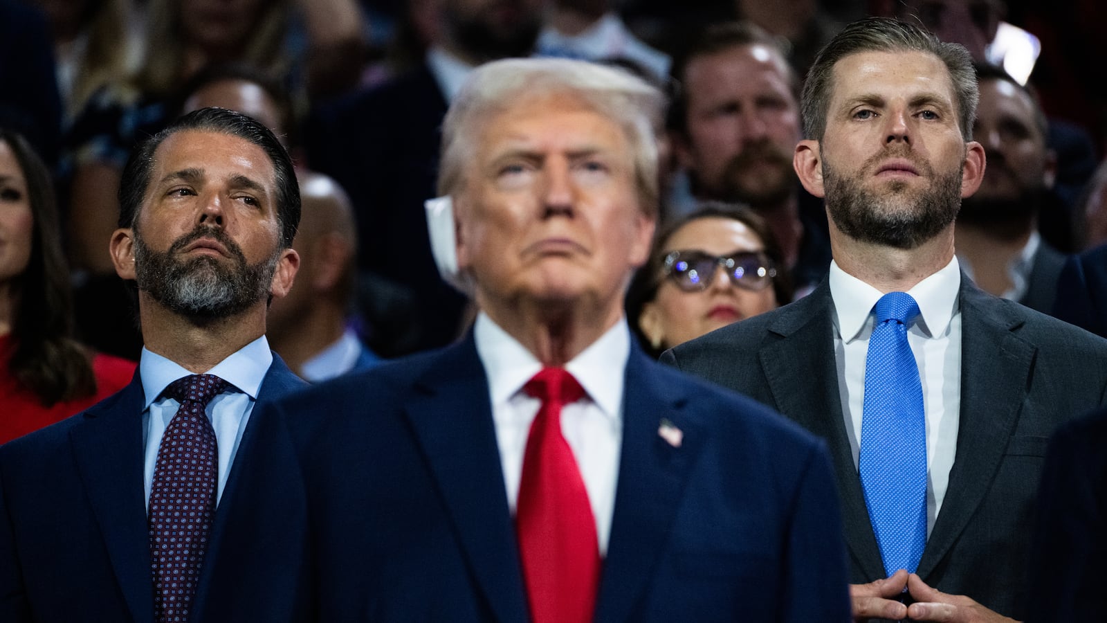 WASHINGTON - JULY 15: Former President Donald Trump, the Republican presidential nominee, is pictured with his sons Don Jr., left, and Eric, in the Fiserv Forum on the first day of Republican National Convention in Milwaukee, Wis., on Monday, July 15, 2024. (Tom Williams/CQ-Roll Call, Inc via Getty Images)