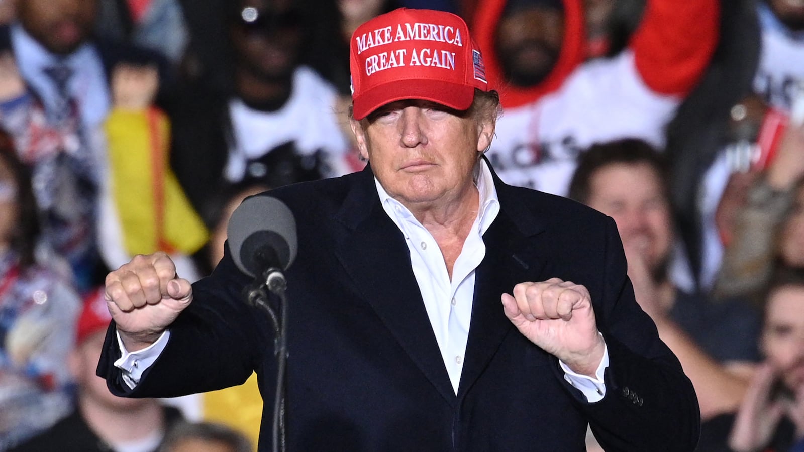 Donald Trump gestures as he speaks during a rally at the Canyon Moon Ranch festival grounds in Florence, Arizona, southeast of Phoenix, on January 15, 2022.