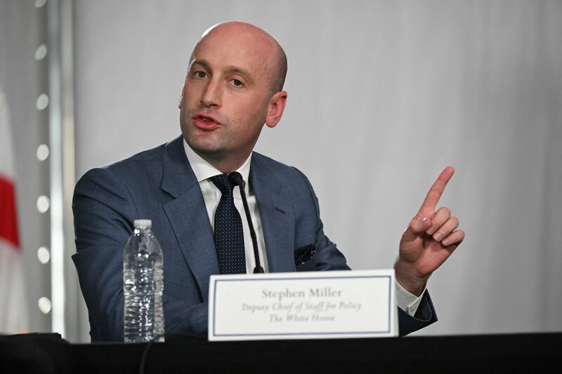 White House deputy chief of staff for policy and homeland security advisor Stephen Miller speaks during a roundtable discussion as he visits a migrant detention center, dubbed "Alligator Alcatraz," in Florida.