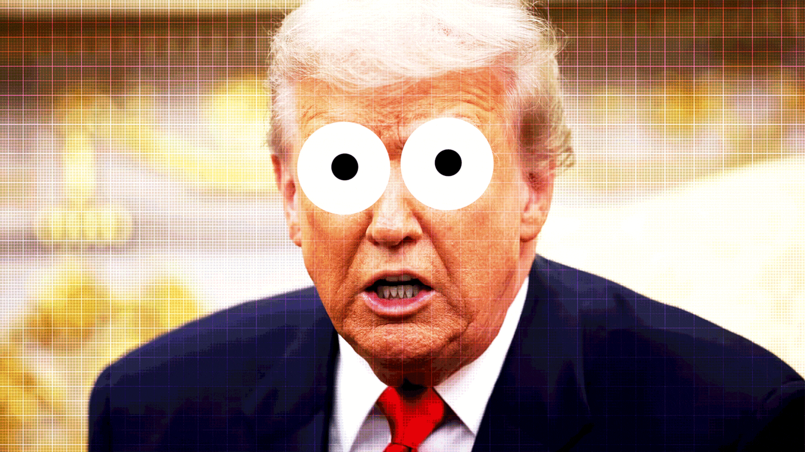 Donald Trump with a graph paper overlay with big cartoon eyes bugging out getting bigger and smaller