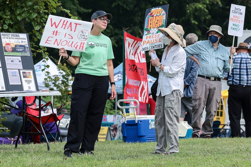 Demonstrators participate in a nationwide protest against data centers, in Fredericksburg, Virginia, U.S., July 18, 2026.