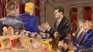 Composite image of courtroom sketches of Donald Trump at the Supreme Court for a hearing about birthright citizenship