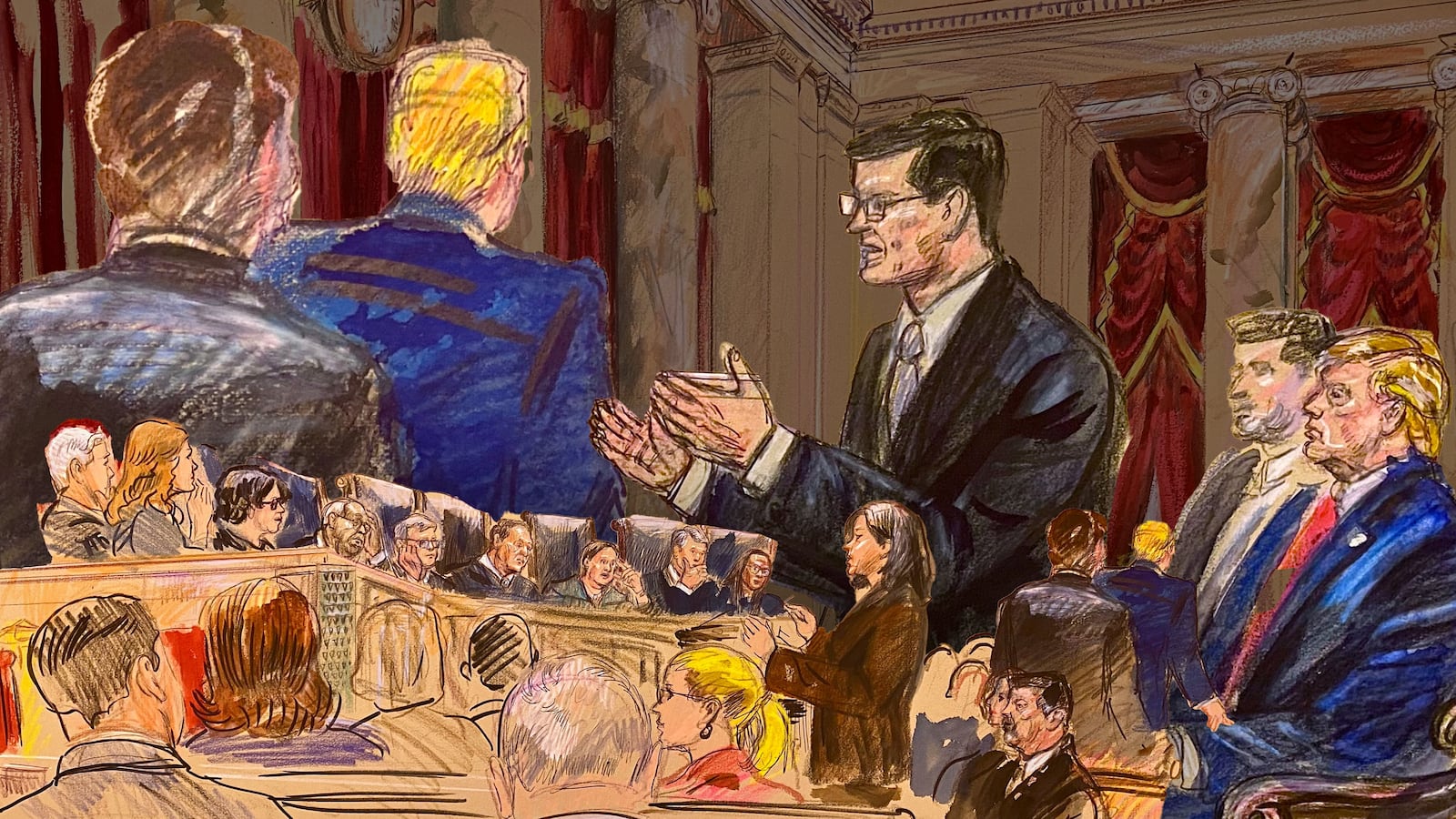 Composite image of courtroom sketches of Donald Trump at the Supreme Court for a hearing about birthright citizenship