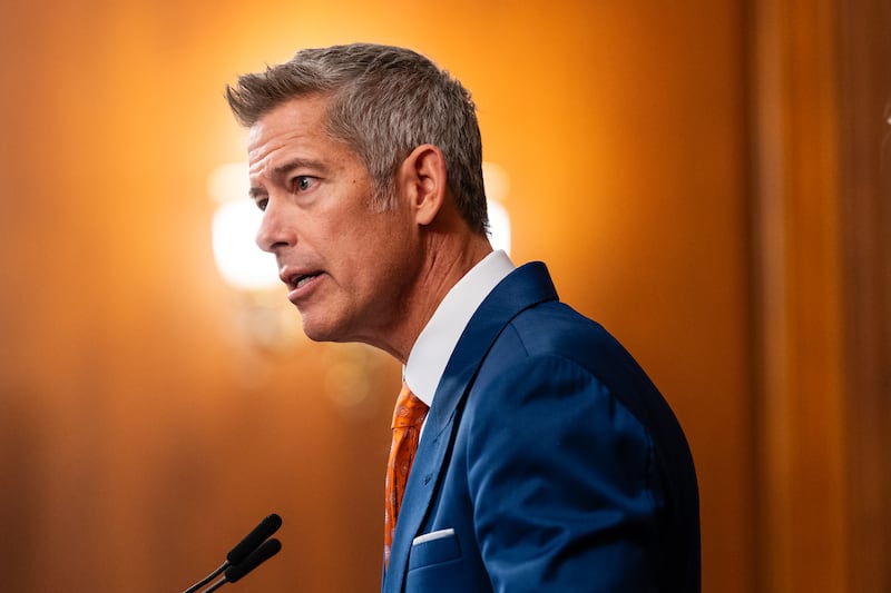 WASHINGTON, DC - OCTOBER 23: U.S. Secretary of Transportation Sean Duffy during a press conference on air traffic controller pay and the government shutdown at the U.S. Capitol on October 23, 2025 in Washington, DC. The shutdown enters its fourth week, becoming the second longest government shutdown in history. (Photo by Eric Lee/Getty Images)