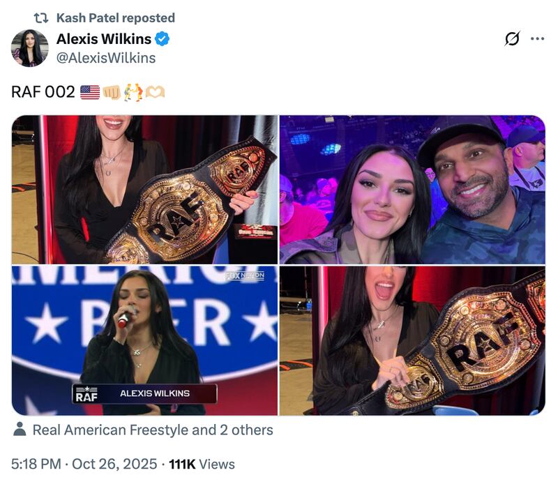 Kash Patel reposting Alexis Wilkins' date photos.