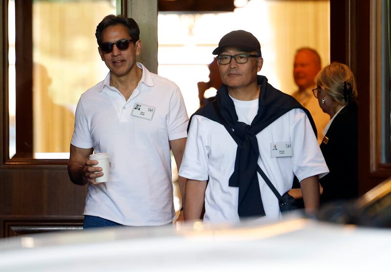 Sony Pictures CEO Ravi Ahuja and Sony CEO Hiroki Totoki made sure to wear nametags at the Allen & Company Sun Valley Conference Tuesday.