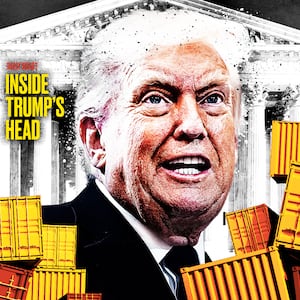 Donald Trump in front of the Supreme Court surrounded by shipping containers.