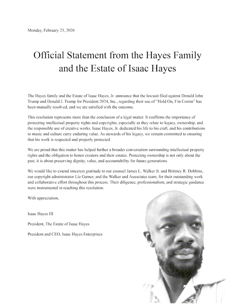 Statement from Isaac Hayes' family