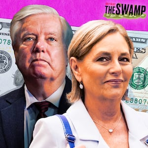 A photo illustration illo of the late Lindsey Graham and Sen. Darline Graham, and a hundred dollar bill.