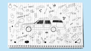 Illo illustration of a woody car on a lined notebook with doodles on it