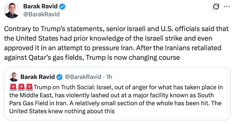 Axios claim Trump had prior knowledge of Israel's attacks on Iran.