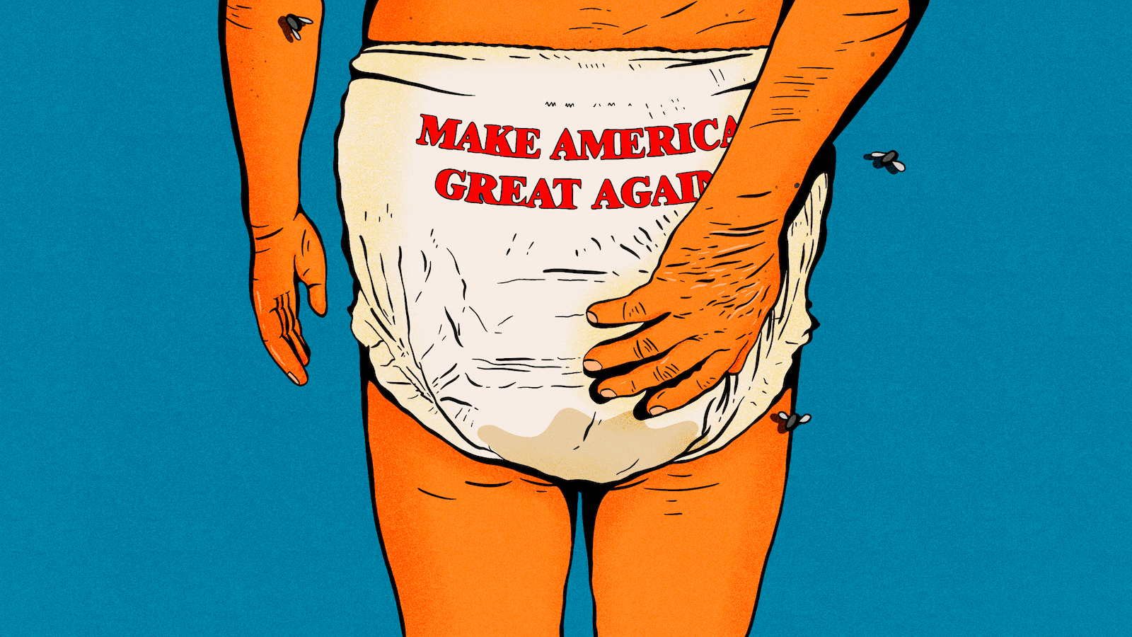 Illustrative gif of Donald Trump in a diaper with "Make America Great Again" printed on the back with smell lines coming out and flies flying around