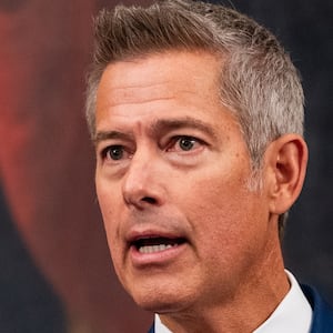 WASHINGTON, DC - OCTOBER 23: U.S. Secretary of Transportation Sean Duffy speaks alongside Representative Tom Emmer (R-MN) and U.S. Speaker of the House Mike Johnson (R-LA) during a press conference on air traffic controller pay and the government shutdown at the U.S. Capitol on October 23, 2025 in Washington, DC. The shutdown enters its fourth week, becoming the second longest government shutdown in history.