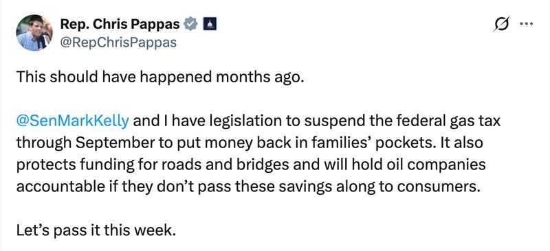Democratic House member and Senate candidate Rep. Chris Pappas noted that Democrats have already proposed suspending the gas tax.