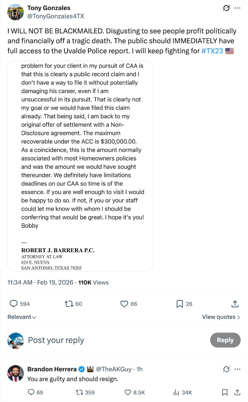 Rep. Tony Gonzales’ desperate attempt to label affair rumors as “blackmail” was brutally ratioed by his Republican primary opponent, among others.