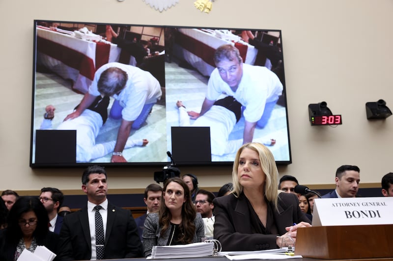 A photo of Andrew Mountbatten Windsor is displayed as U.S. Attorney General Pam Bondi testifies before the House Judiciary Committee in the Rayburn House Office Building on February 11, 2026 in Washington, DC.