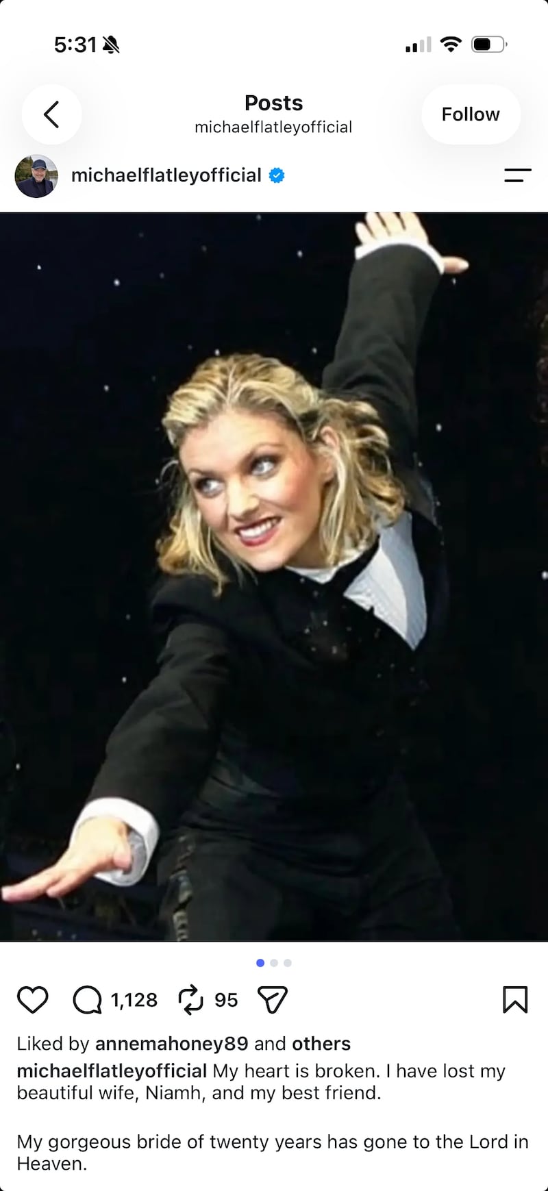 Michael Flatley posted a tribute to his late wife, Niamh O'Brien.