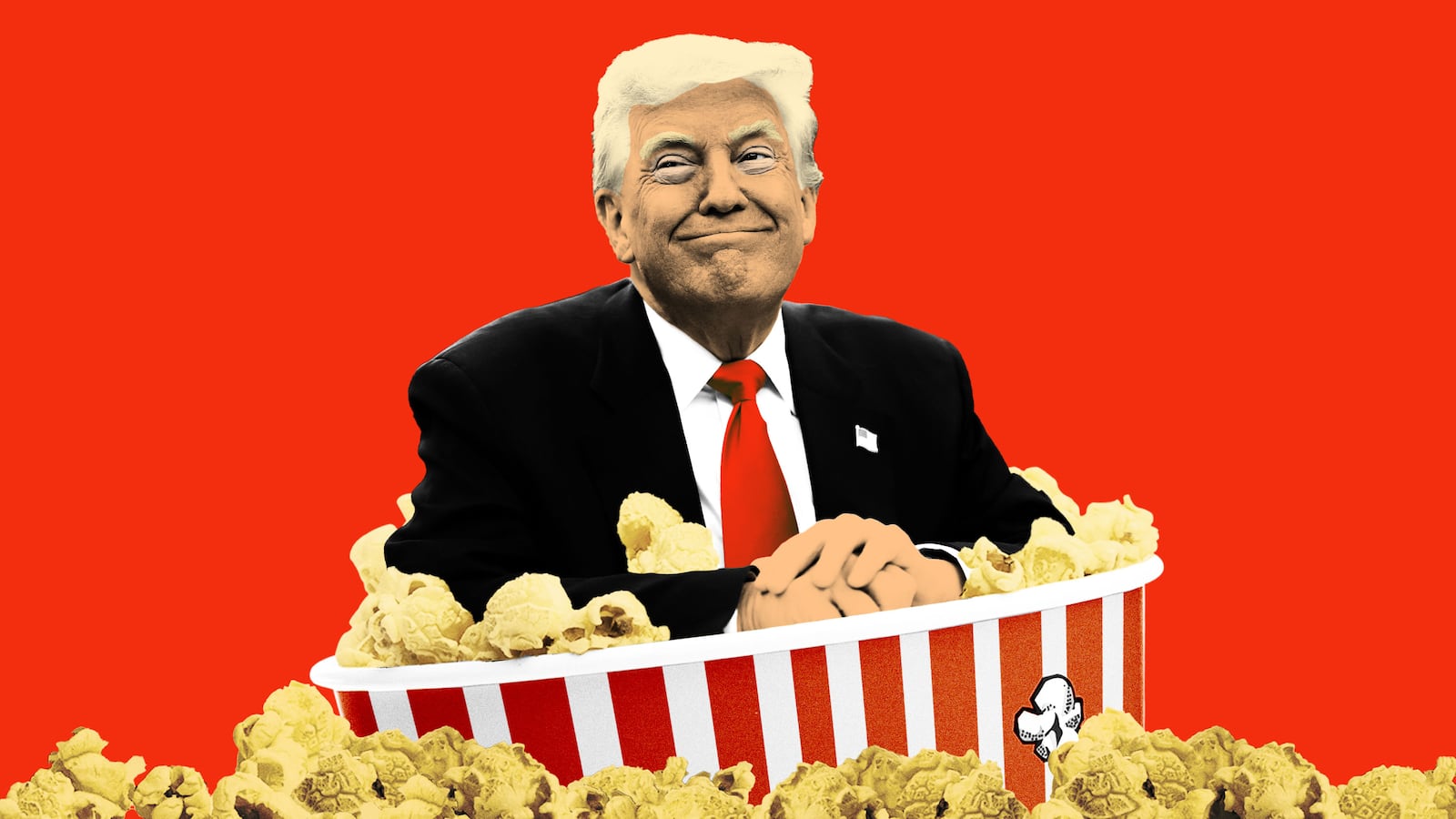 Donald Trump smiling in a bucket of popcorn