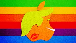 Donald Trump's hair on an orange Apple computer logo on the Apple color bar background all made out of construction paper