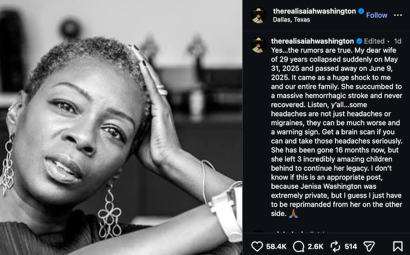 Isaiah Washington reveals the loss of his wife.