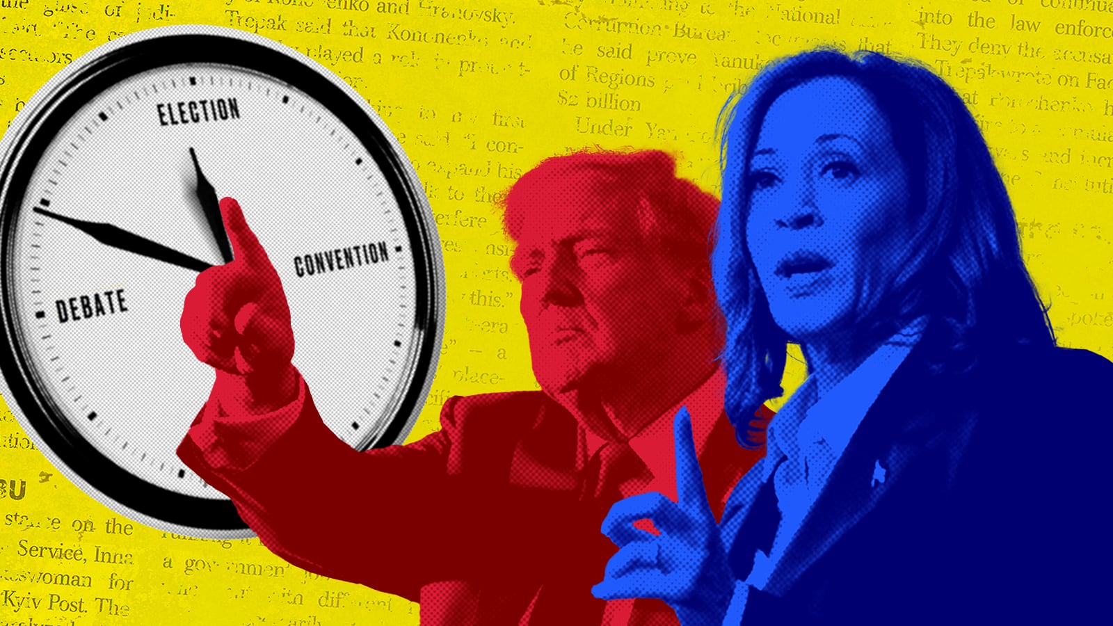 Election countdown featuring presidential candidates Donald Trump and Kamala Harris