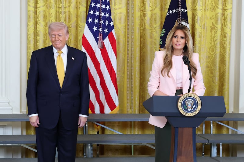 WASHINGTON, DC - MAY 06: First lady Melania Trump makes a statement alongside U.S. President Donald Trump during a military mothers celebration in the East Room of the White House on May 6, 2026 in Washington, DC. President Trump and the first lady honored America's military mothers at the event ahead of Mother's Day.  (Photo by Anna Moneymaker/Getty Images)