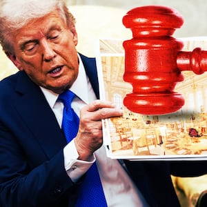 A photo illustration of Donald Trump holding a photo of the design of the White House ballroom and a red gavel.