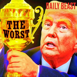 A photo illustration of Donald Trump holding up a trophy.