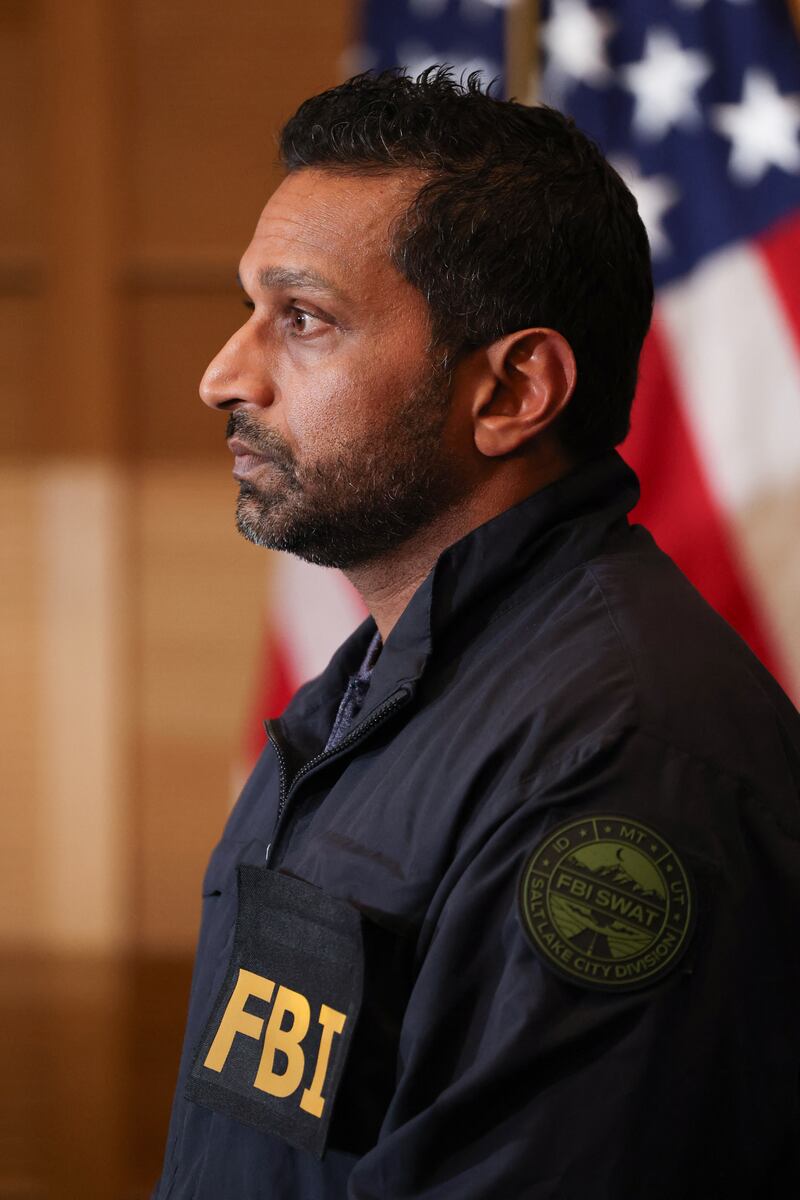 FBI director Kash Patel looks on during a press conference outside the Doterra Auditorium at Utah Valley University a day after youth activist and influencer Charlie Kirk was shot