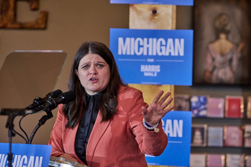 Michigan Rep. Haley Stevens speaks at a rally featuring First Lady Dr. Jill Biden during a 2024 campaign event supporting Vice President Kamala Harris at Three Cats Restaurant in Clawson, MI, during the 2024 presidential election, Monday, Oct. 14, 2024 (Photo by Dominic Gwinn / Middle East Images / Middle East Images via AFP) (Photo by DOMINIC GWINN/Middle East Images/AFP via Getty Images)