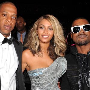 Rapper Jay-Z, singer Beyonce and rapper Kanye West at the 50th Annual GRAMMY Awards at the Staples Center on February 10, 2008 in Los Angeles, California.