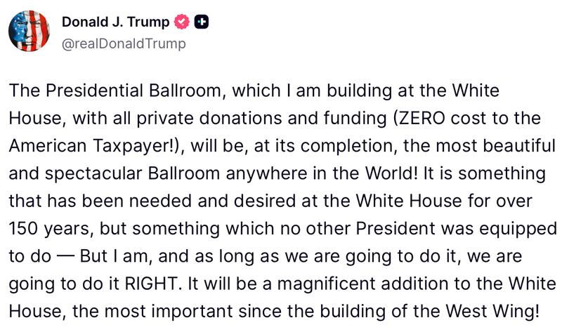 Donald Trump posts a ballroom update on his Truth Social account.