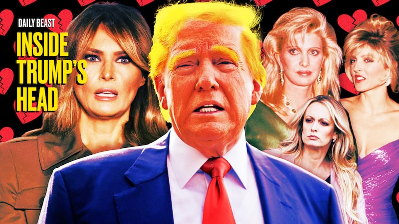 A photo illustration illo for Inside Trump's Head podcast of Donald Trump, Melania, Marla Maples, Ivana Trump, and Stormy Daneisl.