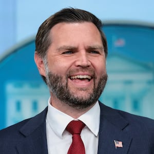 U.S. Vice President JD Vance reacts as he holds a press briefing, the first since Karoline Leavitt stepped down as press secretary, at the White House, in Washington, D.C.
