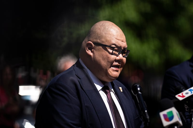 Steven Cheung speaks to reporters at Collect Pond Park across the street as former President Donald Trump attends closing arguments in his criminal trial at the Manhattan Criminal Court in New York, NY on Tuesday, May 28, 2024.