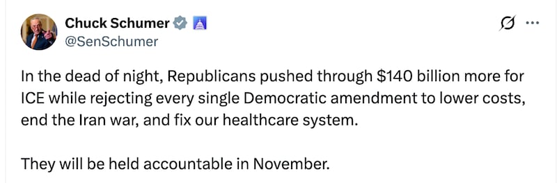 Schumer blasts Republicans for advancing more ICE funding.