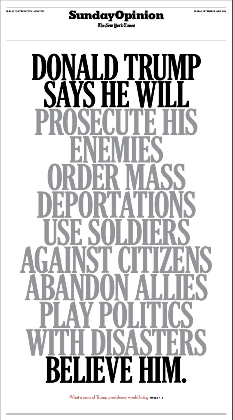 The cover of The New York Times’ opinion section on Oct. 29, 2024—the second-to-last Sunday before Election Day.
