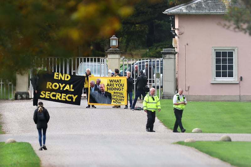 WINDSOR, ENGLAND - OCTOBER 21: Activists from the anti-monarchy group Republic, stage a protest at the gates to royal lodge where Prince Andrew lives on October 21, 2025 in Windsor, England. In a statement Prince Andrew confirmed that he will no longer use his royal titles or honours following continued accusations relating to his links to Jeffrey Epstein. (Photo by Peter Nicholls/Getty Images)