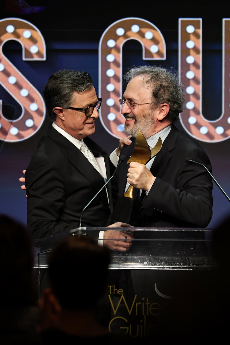 Stephen Colbert and Robert Smigel speak during the 2026 Writers Guild Awards New York Ceremony at Edison Ballroom on March 08, 2026 in New York City.