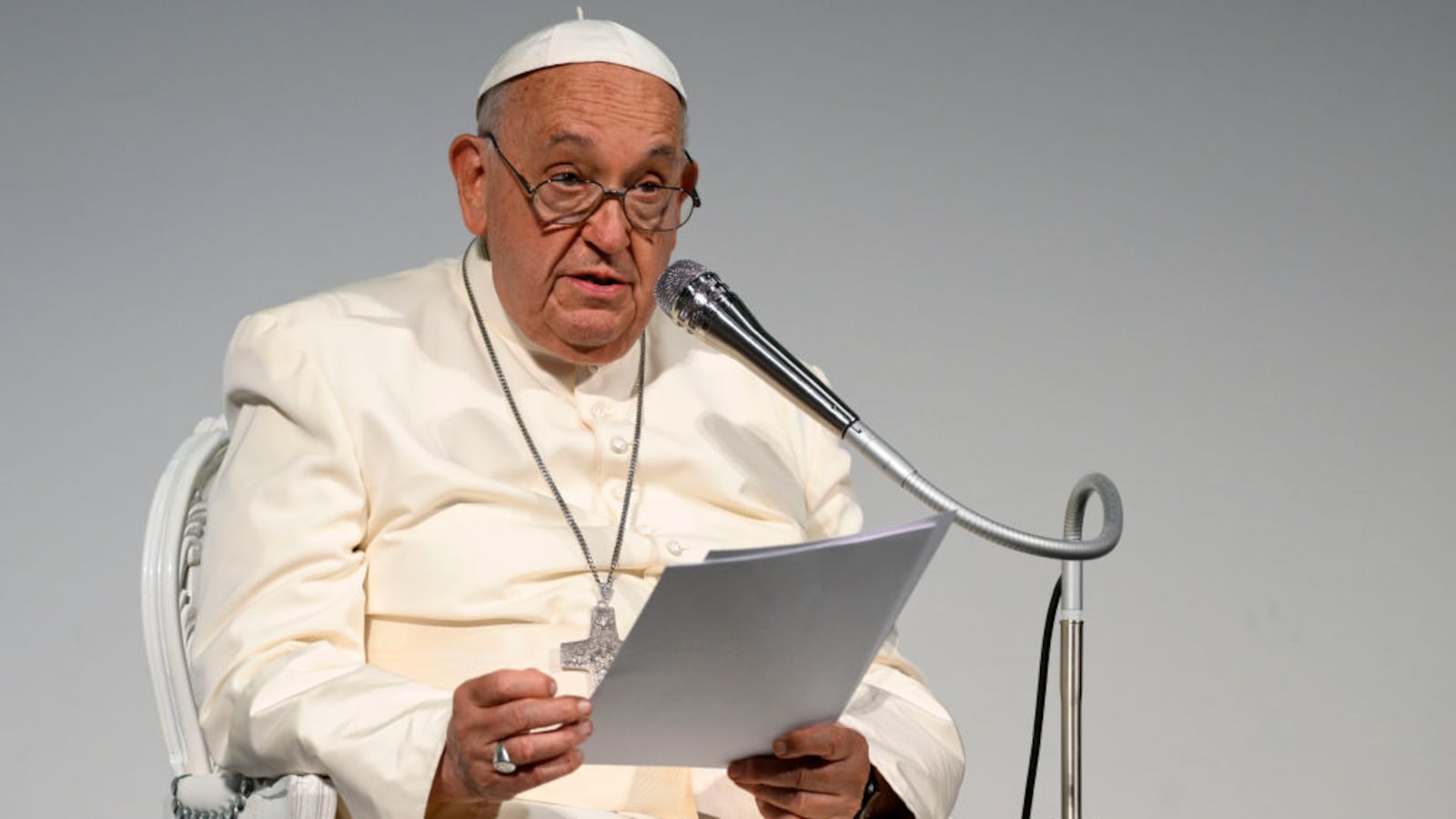 Pope Francis attends a meeting at the Convention Center on July 07, 2024 in Trieste, Italy.