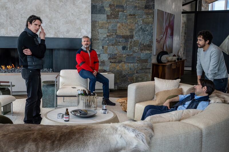 Cory Michael Smith, Steve Carell, Jason Schwartzman, and Ramy Youssef in Mountainhead.