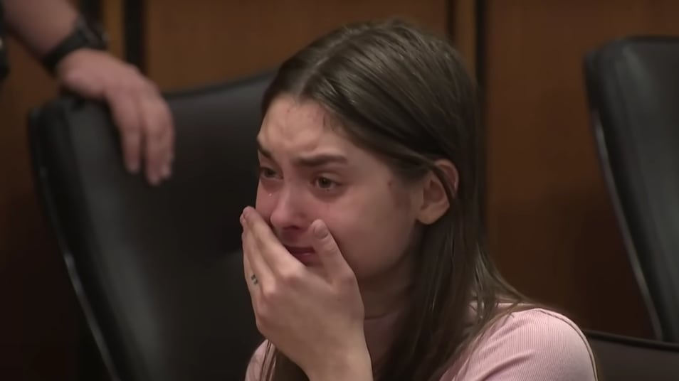 Mackenzie Shirilla, 19, cries as she is found guilty of the murders of Dominic Russo and Davion Flanagan in a high-speed car crash in Strongsville, Ohio.