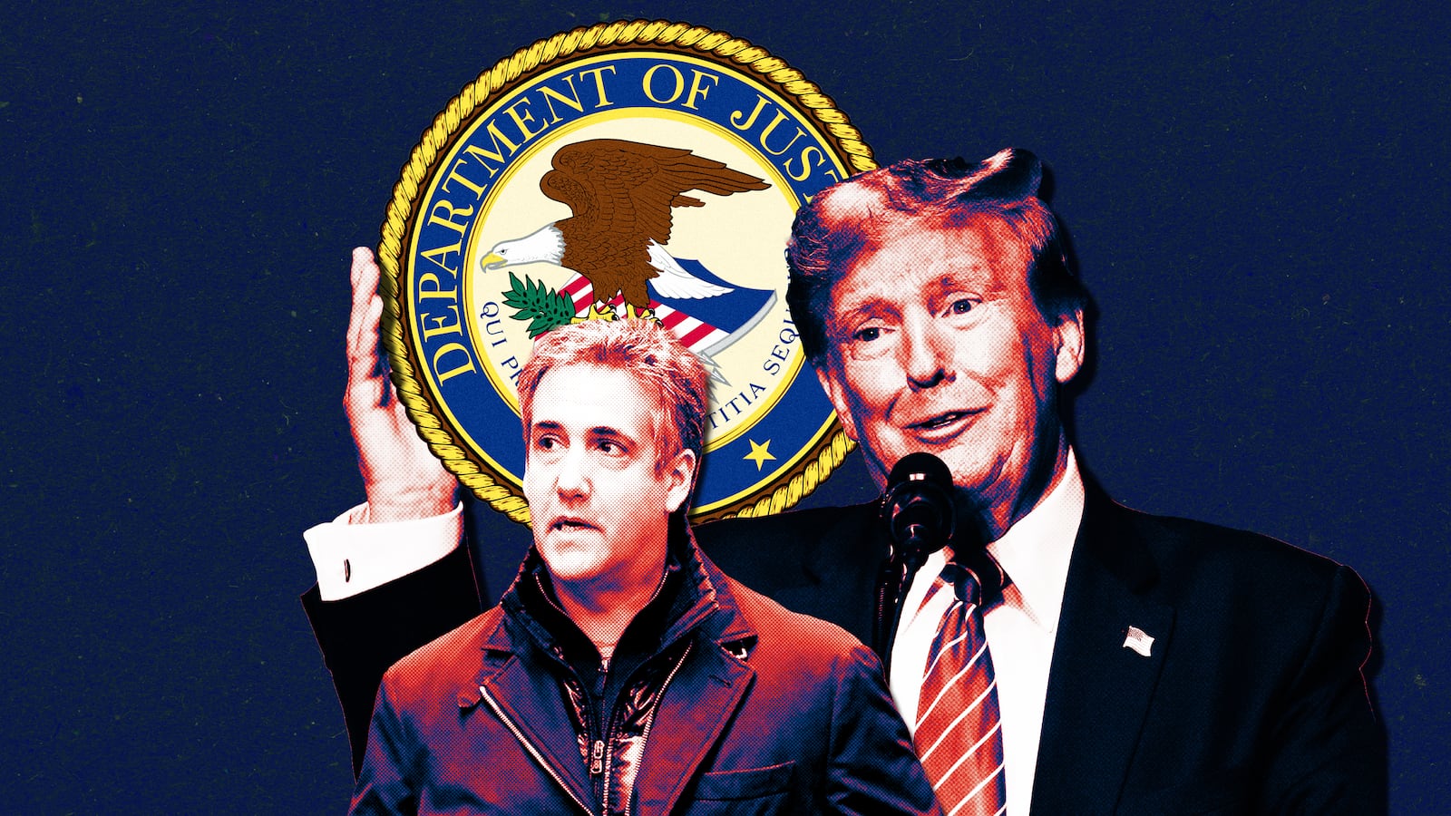A photo illustration of Michael Cohen, Donald Trump, and the DOJ seal.
