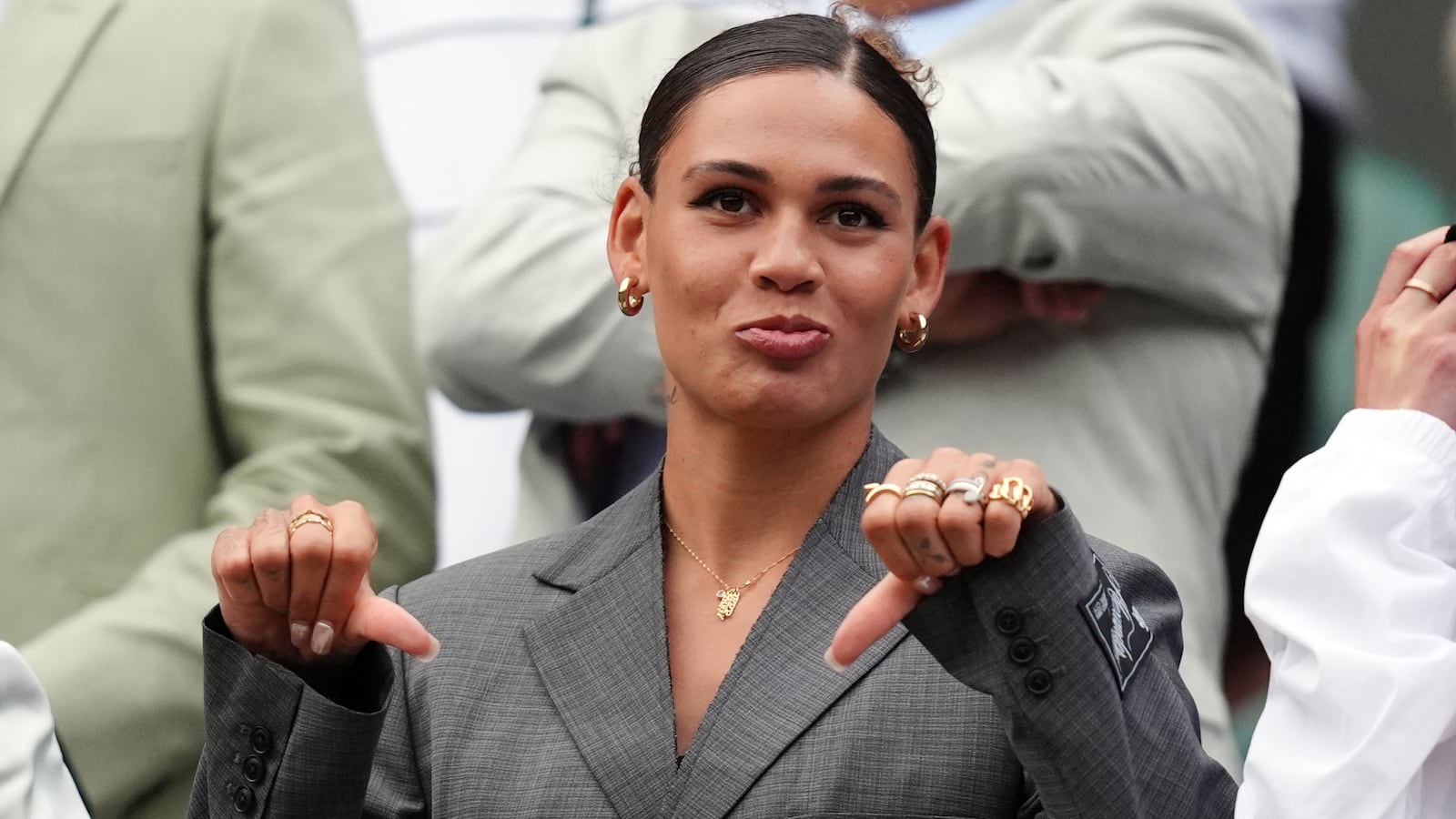 Trinity Rodman (left) girlfriend of Ben Shelton on day six of the 2025 Wimbledon Championships at the All England Lawn Tennis and Croquet Club, London