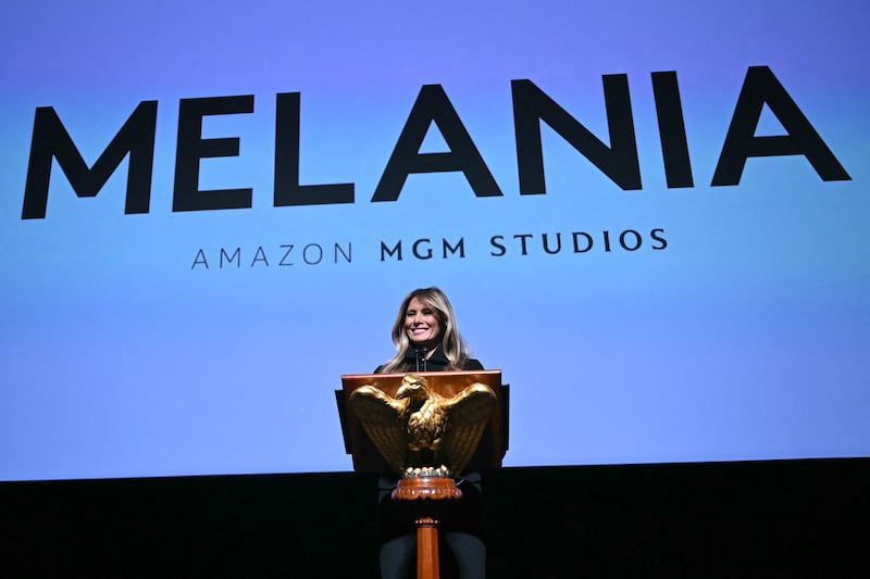 US First Lady Melania Trump speaks during the world premiere of Amazon MGM Studios' "Melania" at the Kennedy Center in Washington, DC, on January 29, 2026. (Photo by Brendan SMIALOWSKI / AFP via Getty Images)
