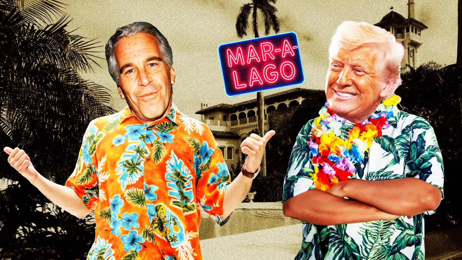 Illustration of Epstein and Trump at Mar-a-Lago.