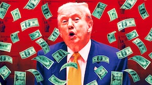 A photo illustration of Donald Trump and stimulus checks and money flying.