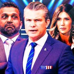 A photo illustration of Kash Patel, Pete Hegseth, and Kristi Noem.