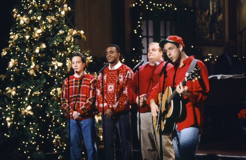 SATURDAY NIGHT LIVE -- Episode 9 -- Pictured: (l-r) Rob Schneider, Tim Meadows, Chris Farley, Adam Sandler during the 'Santa Don't Like Bad Boys' skit on December 11, 1993 -- Photo by: Gene Page/NBC/NBCU Photo Bank